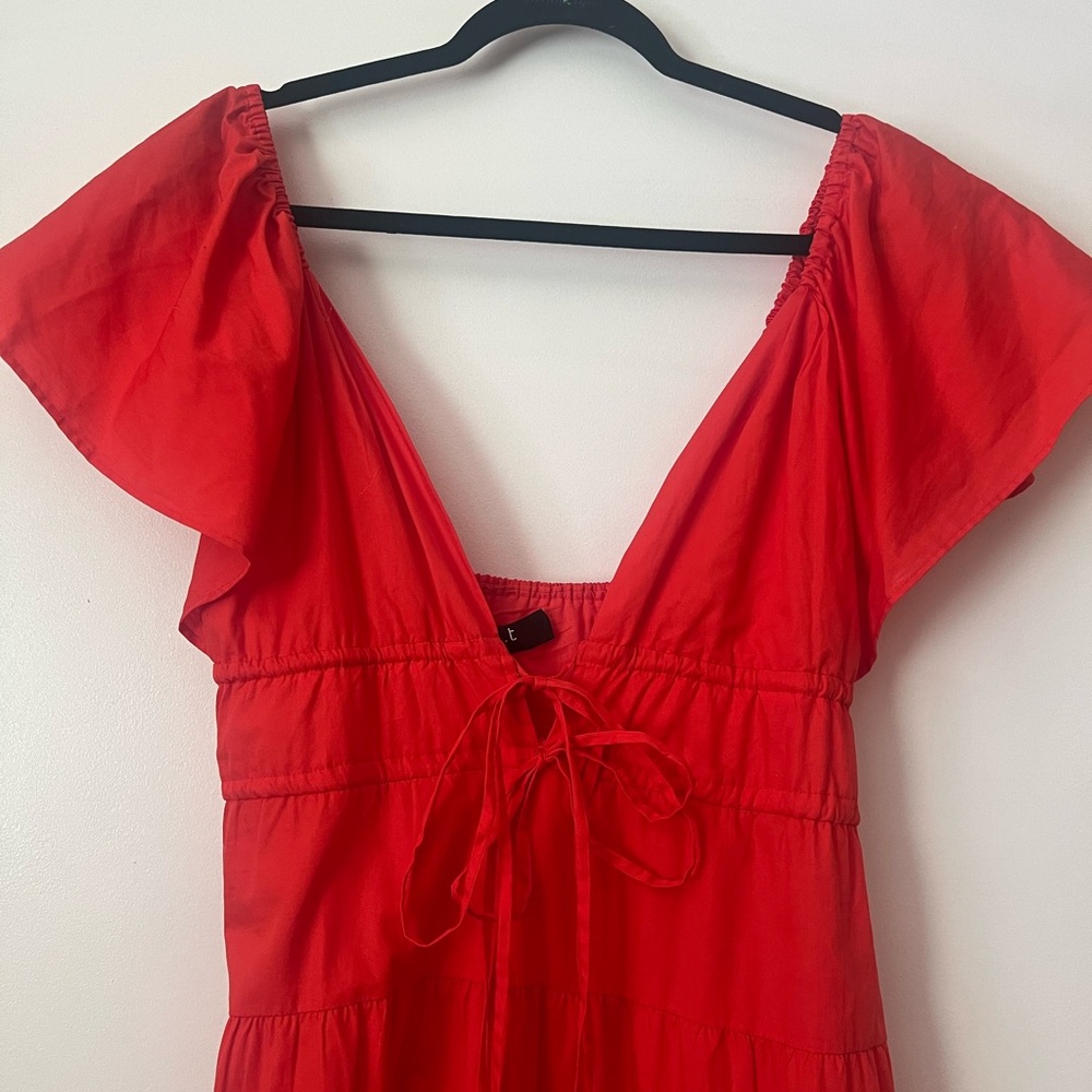 Orange Red Flutter Sleeve Tiered Midi Dress - Picture 7 of 8